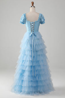 Tulle Sky Blue Tiered Formal Dress with Lace