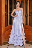 Stunning A Line Spaghetti Straps Lavender Corset Formal Dress with Slit