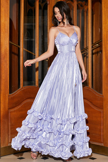 Stunning A Line Spaghetti Straps Lavender Corset Formal Dress with Slit