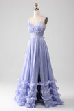 Lavender Spaghetti Straps A Line Ruffles Formal Dress with Slit