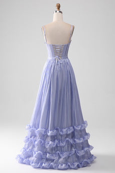 Lavender Spaghetti Straps A Line Ruffles Formal Dress with Slit
