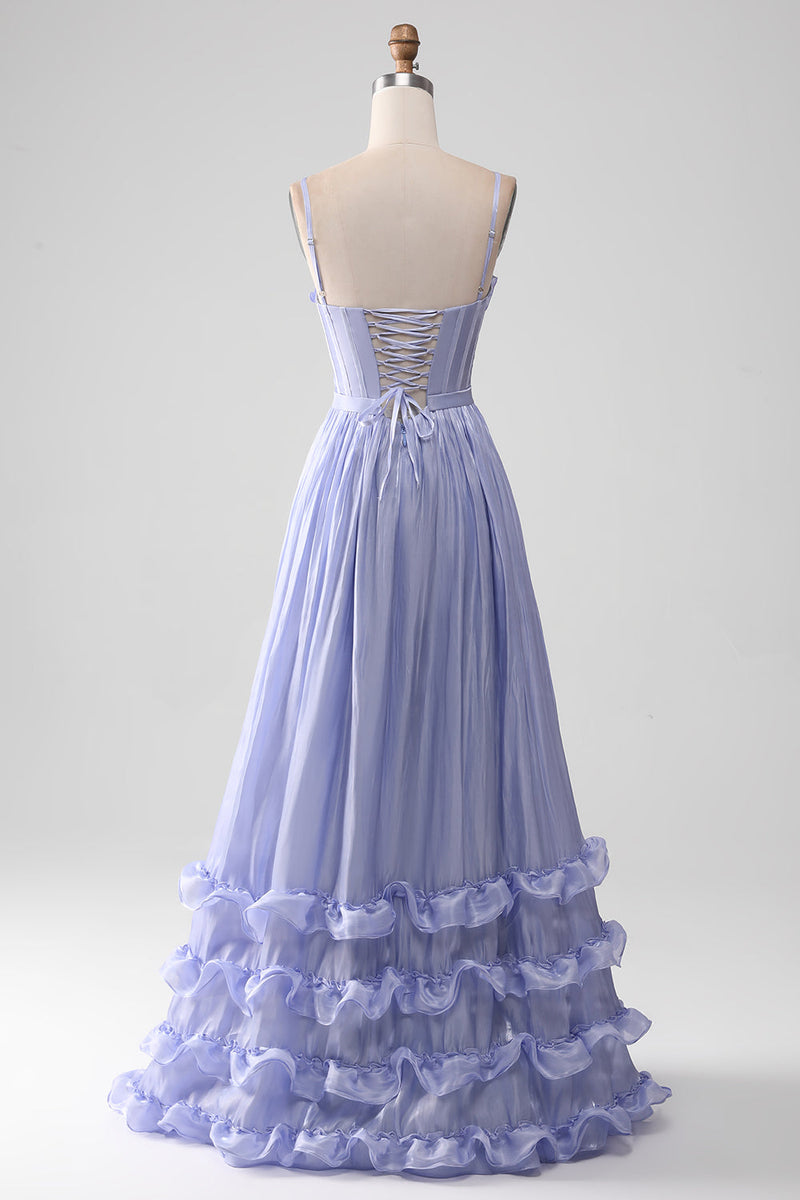 Load image into Gallery viewer, Lavender Spaghetti Straps A Line Ruffles Formal Dress with Slit