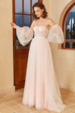 Pink Polka Dots Wedding Dress with Puff Sleeves