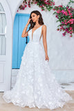 Gorgeous A Line V-Neck Ivory Long Wedding Dress with 3D Flowers