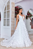 Gorgeous A Line V-Neck Ivory Long Wedding Dress with 3D Flowers