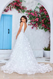 Gorgeous A Line V-Neck Ivory Long Wedding Dress with 3D Flowers