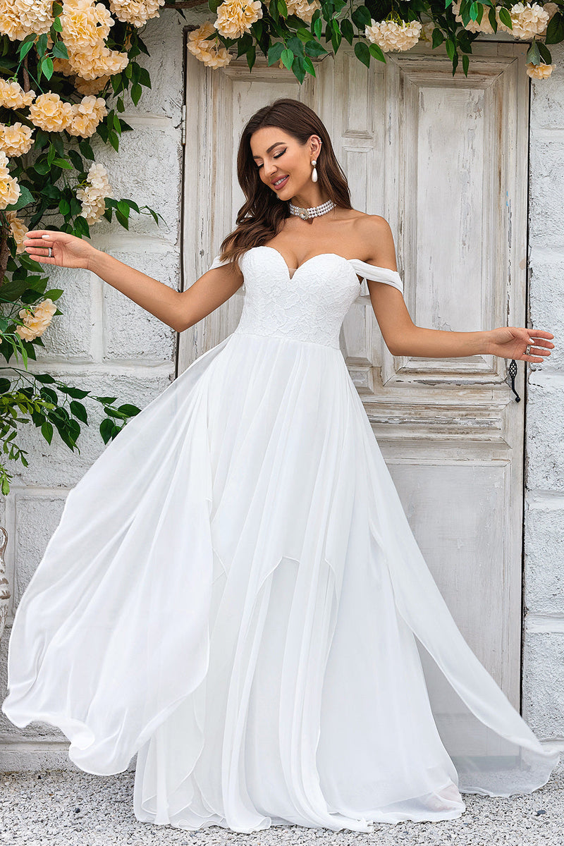 Load image into Gallery viewer, Elegant A Line Off the Shoulder Ivory Chiffon Wedding Dress with Lace