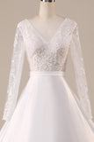 Ivory Satin Sweep Train Long Sleeves Wedding Dress