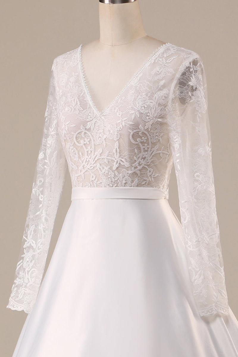 Load image into Gallery viewer, Ivory Satin Sweep Train Long Sleeves Wedding Dress