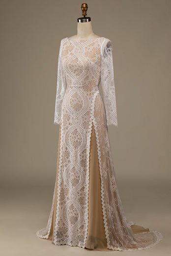 Champagne Long Sleeves Lace Sweep Train Wedding Dress