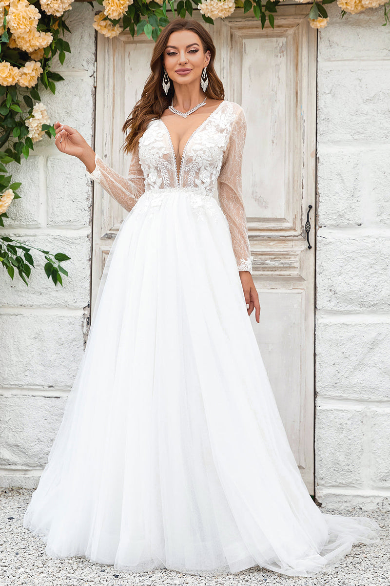 Load image into Gallery viewer, Deep V-Neck Ivory Tulle Sweep Train Wedding Dress with Lace