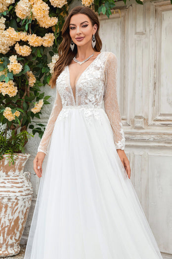 Deep V-Neck Ivory Tulle Sweep Train Wedding Dress with Lace