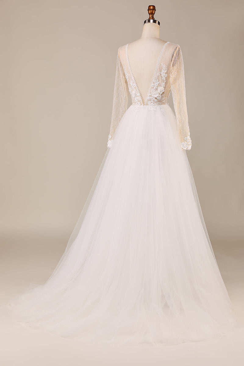 Load image into Gallery viewer, A Line Deep V-Neck Ivory Tulle Sweep Train Wedding Dress with Lace