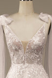 Ivory V-Neck Lace A-Line Wedding Dress with Bowknot