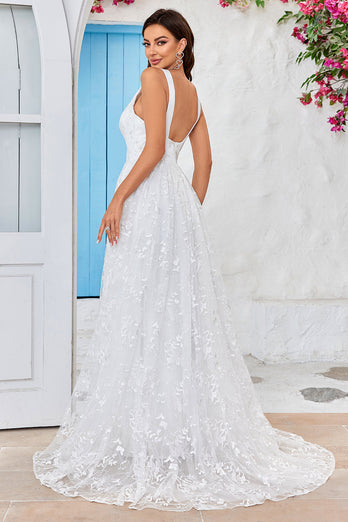 Beauty A Line V-Neck Ivory Lace Long Wedding Dress with Slit