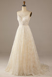 Sparkly Apricot Sweep Train Lace Wedding Dress