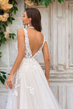 Gorgeous A Line Deep V Neck Champagne Tulle Wedding Dress with Lace