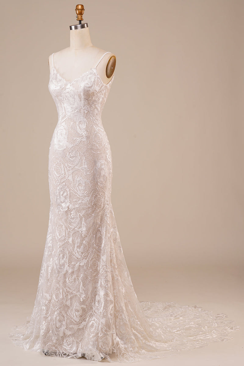 Load image into Gallery viewer, Backless Lace Ivory Wedding Dress with Sweep Train