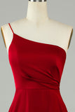 A-Line One Shoulder Burgundy Long Bridesmaid Dress with Ruffles