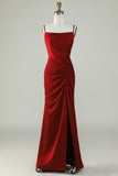 Spaghetti Straps Burgundy Long Bridesmaid Dress with Split Front