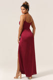 Simple Mermaid Spaghetti Straps Burgundy Long Bridesmaid Dress with Split Front