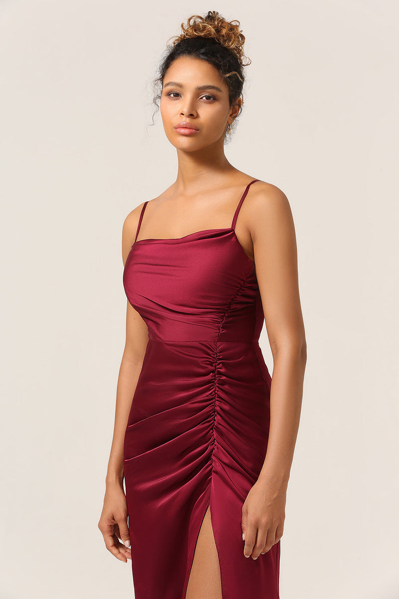 Load image into Gallery viewer, Simple Mermaid Spaghetti Straps Burgundy Long Bridesmaid Dress with Split Front