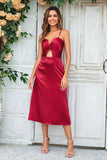 A Line Spaghetti Straps Burgundy Tea Length Bridesmaid Dress with Hollow Out