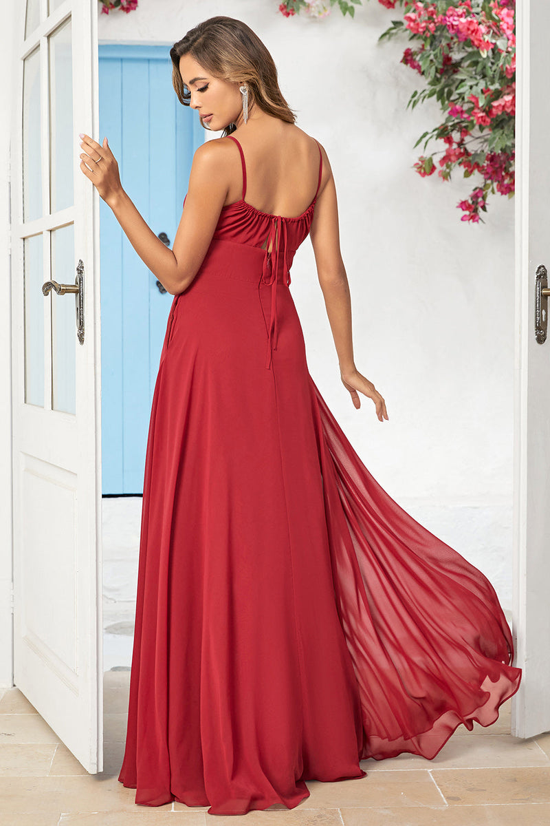 Load image into Gallery viewer, Simple A Line Spaghetti Straps Burgundy Long Bridesmaid Dress
