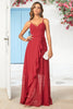 Load image into Gallery viewer, Simple A Line Spaghetti Straps Burgundy Long Bridesmaid Dress with Ruffles