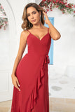 Simple A Line Spaghetti Straps Burgundy Long Bridesmaid Dress with Ruffles