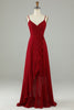 Load image into Gallery viewer, Chiffon Burgundy Spaghetti Straps Long Bridesmaid Dress with Ruffles