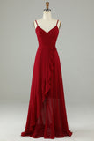 Chiffon Burgundy Spaghetti Straps Long Bridesmaid Dress with Ruffles