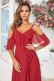 A Line Off the Shoulder Burgundy Long Bridesmaid Dress with Ruffles