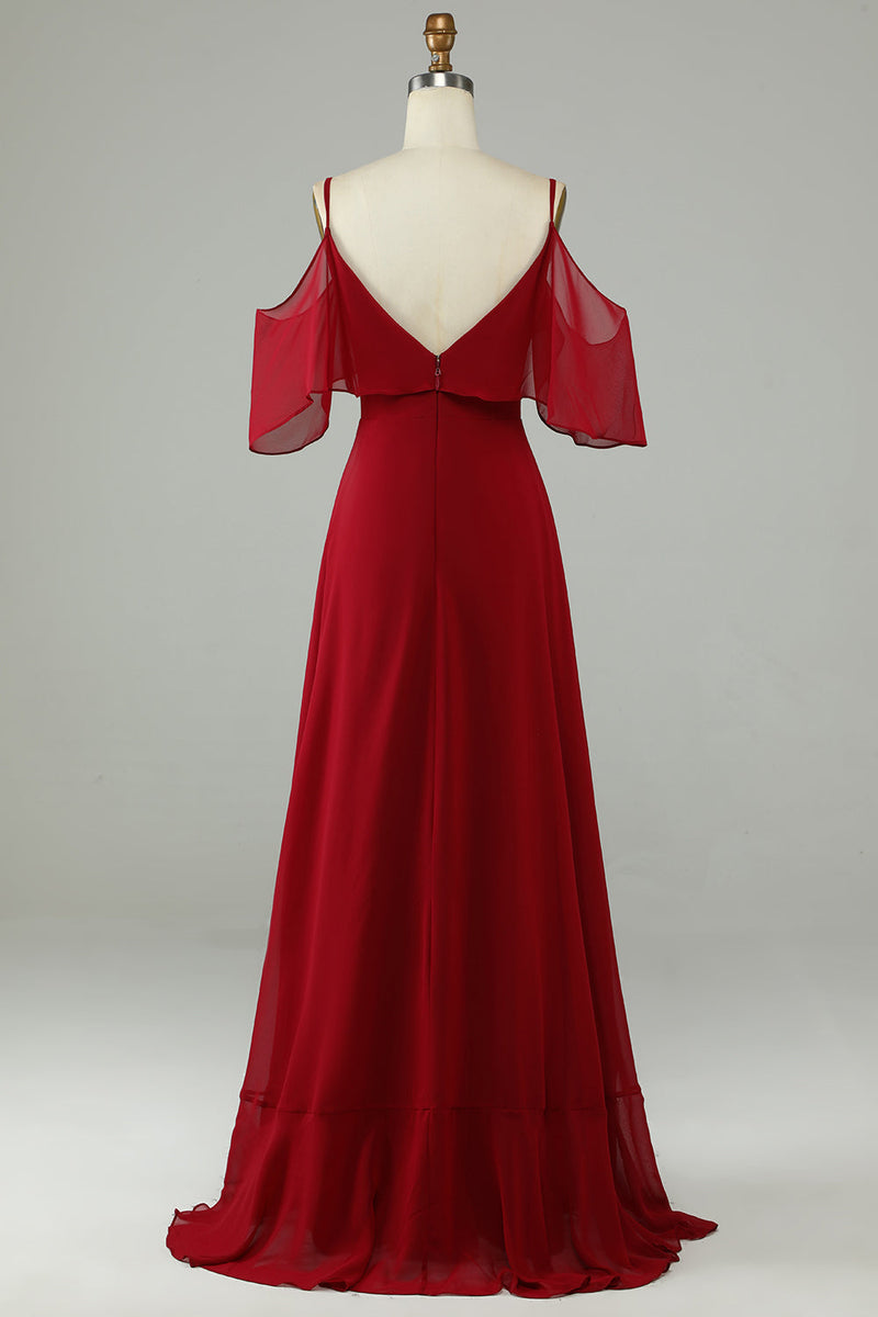Load image into Gallery viewer, Asymmetrical Cold Shoudler Burgundy Long Bridesmaid Dress with Ruffles