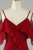 Load image into Gallery viewer, Asymmetrical Cold Shoudler Burgundy Long Bridesmaid Dress with Ruffles