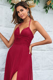 A Line Halter Burgundy Long Bridesmaid Dress with Split Front