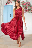 Asymmetrical One Shoulder Burgundy Tea Length Bridesmaid Dress