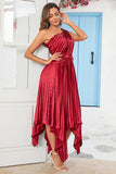 Asymmetrical One Shoulder Burgundy Tea Length Bridesmaid Dress