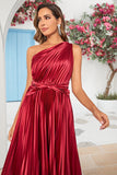 Asymmetrical One Shoulder Burgundy Tea Length Bridesmaid Dress