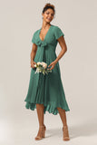 Chraming A Line V-Neck Short Sleeves Eucalyptus Bridesmaid Dress With Bow