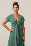 Chraming A Line V-Neck Short Sleeves Eucalyptus Bridesmaid Dress With Bow