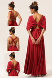 Beauty A-Line Halter Neck Burgundy Long Bridesmaid Dress with Criss Cross Back