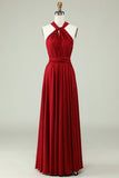 A-Line Halter Burgundy Long Bridesmaid Dress