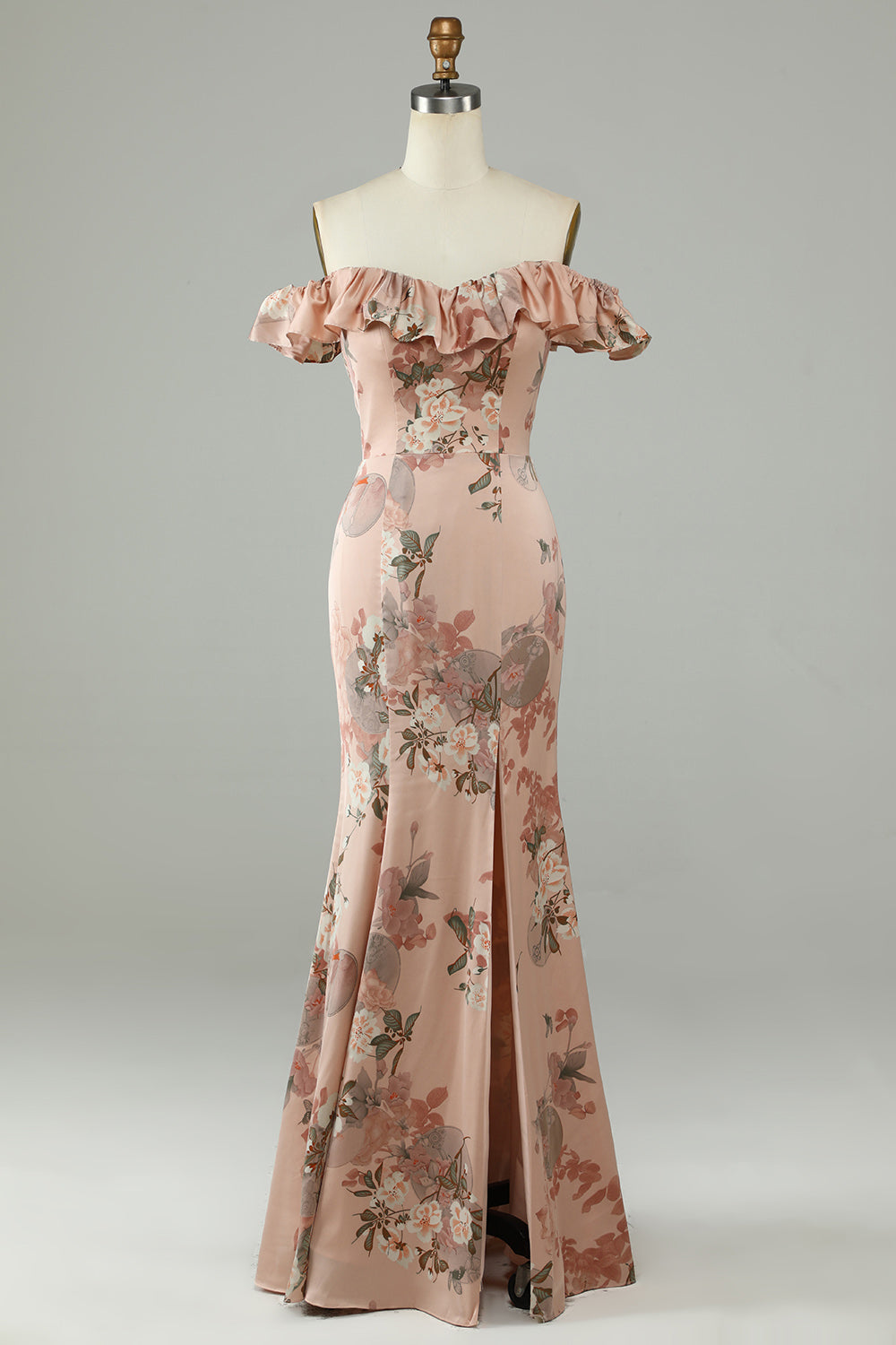 Flower Printed Off The Shoudler Blush Long Bridesmaid Dress with Slit