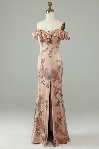 Flower Printed Off The Shoudler Blush Long Bridesmaid Dress with Slit