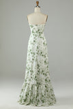 Asymmetrical Strapless Printed Green Long Bridesmaid Dress