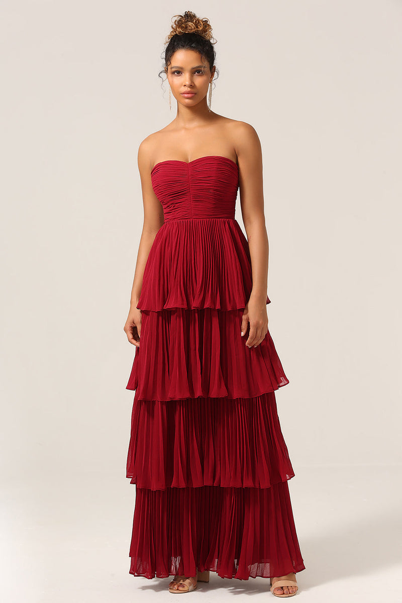 Load image into Gallery viewer, Charming A Line Strapless Burgundy Long Bridesmaid Dress with Ruffles