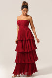 Charming A Line Strapless Burgundy Long Bridesmaid Dress with Ruffles