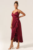 A Line Spaghetti Straps Burgundy Bridesmaid Dress with Ruffles