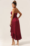 A Line Spaghetti Straps Burgundy Bridesmaid Dress with Ruffles